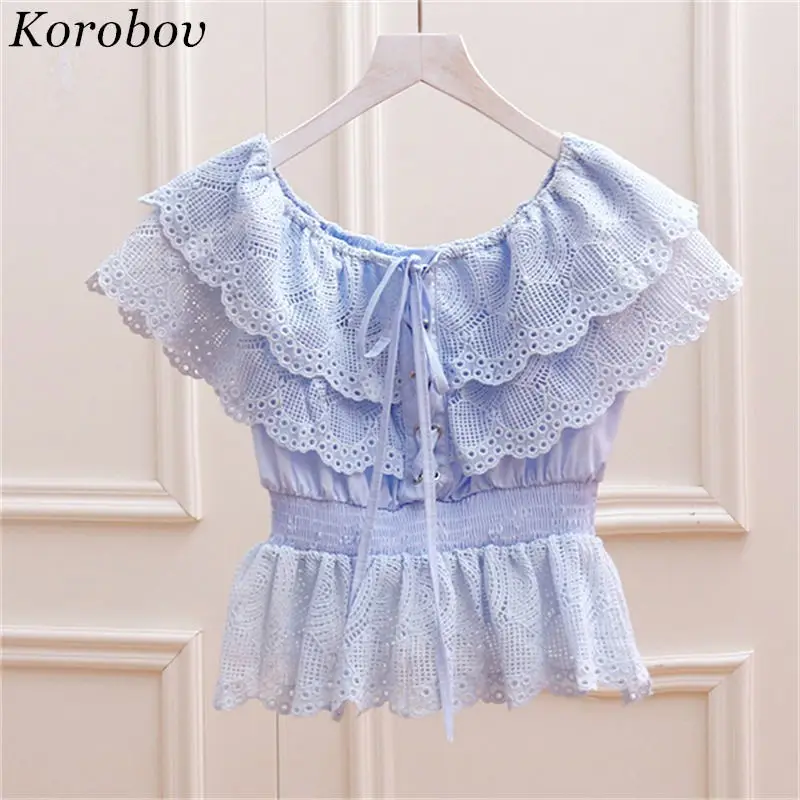 Коробова Slash шеи рубашки крюк цветок полый блузка с рюшами поперечной шнуровкой