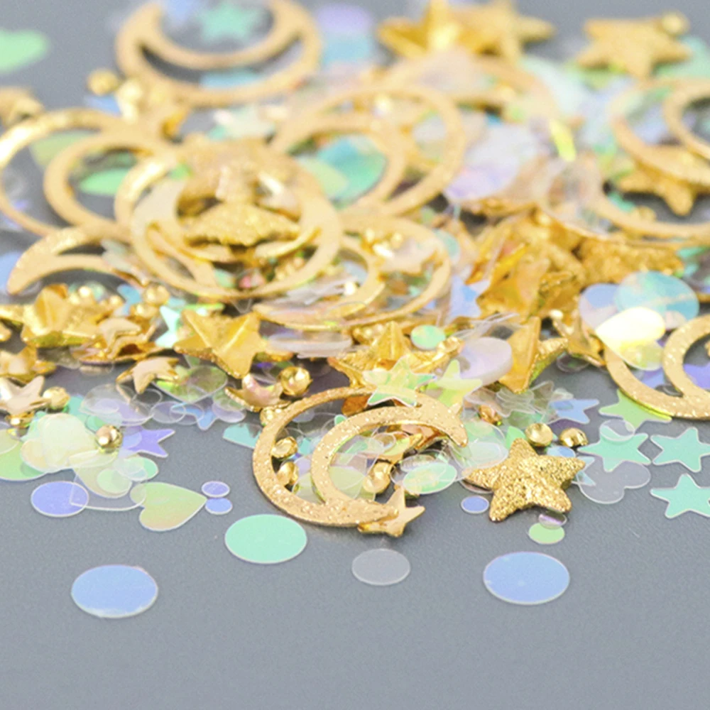 1 box Multi 3D Gold Silver Design Nail Decorations Mixed Star Moon Metal Slice Rivet Tips for Manicure Charms Rhinestone TR682 | Красота и
