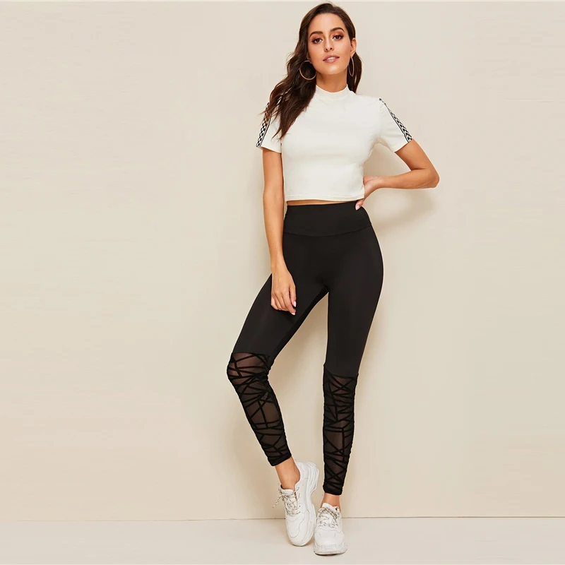SweatyRocks, флокированные леггинсы с сетчатым подолом, обтягивающие леггинсы для активного отдыха, женские черные леггинсы для активного отдыха,, летние повседневные леггинсы для тренировок