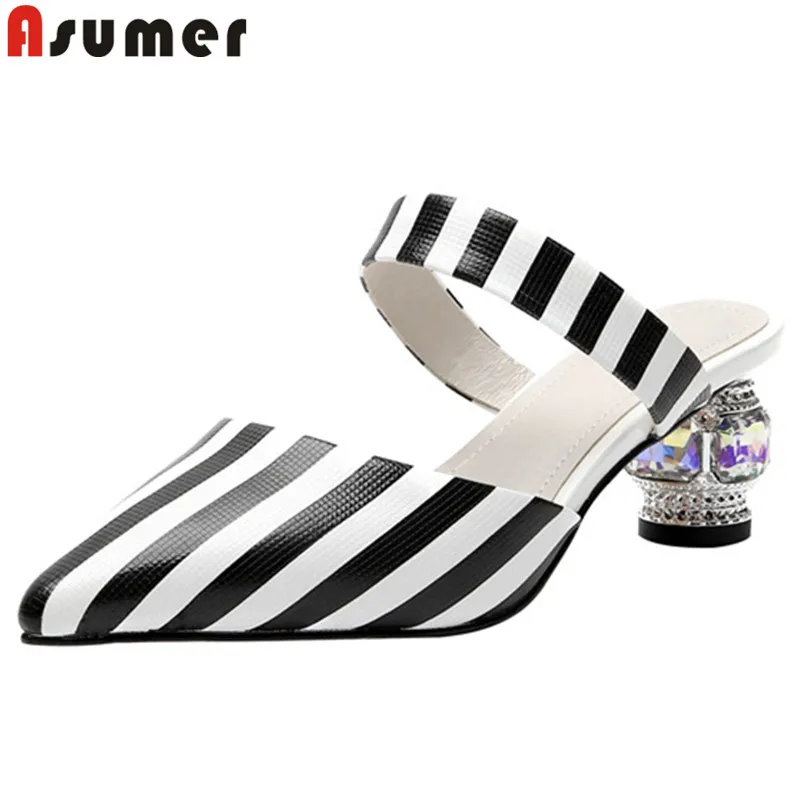 

ASUMER 2021 new genuine leather shoes women pointed toe shallow summer sandals women crystal high heels sandals big size 34-43