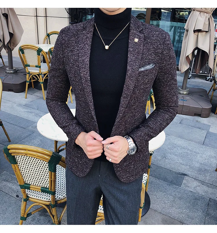 Мужской твидовый Блейзер осень зима блейзер masculino slim fit повседневные мужские спортивные пиджаки hombre invierno ho Мужской Блейзер черный синий коричневый