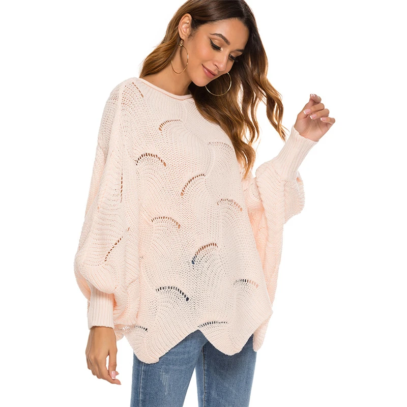 Европейский пуловер женский полый крючок цветок свободный свитер летучая мышь