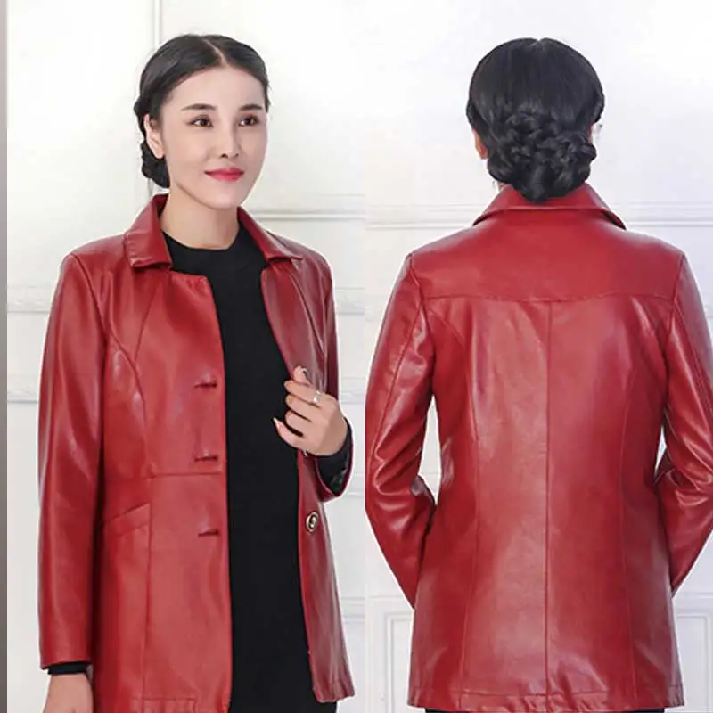 Autumn Women Wear Plus size PU Leather Jacket 2018 New Fashion Lapel Black Windbreaker Long Leather Jacket Mother Masks Parka