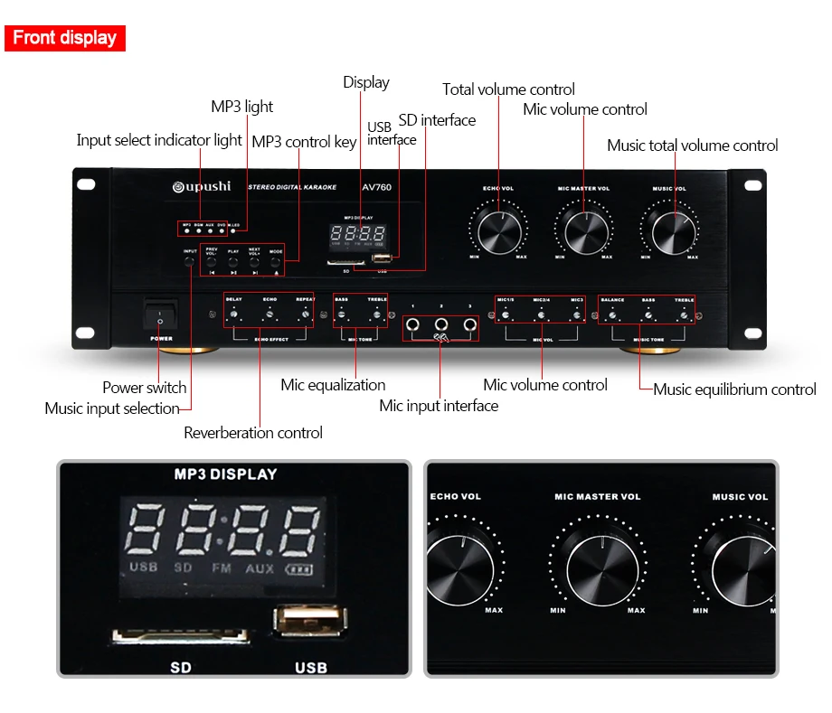 Oupushi профессиональный караоке 8 Ом Цифровой усилитель 2 канала HiFi 250 Вт* 2 эхо стерео клубный усилитель с колонки KTV Шэньчжэнь