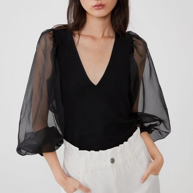 Сексуальная женская черная блузка лето 2019 Новая мода пэчворк прозрачный рукав