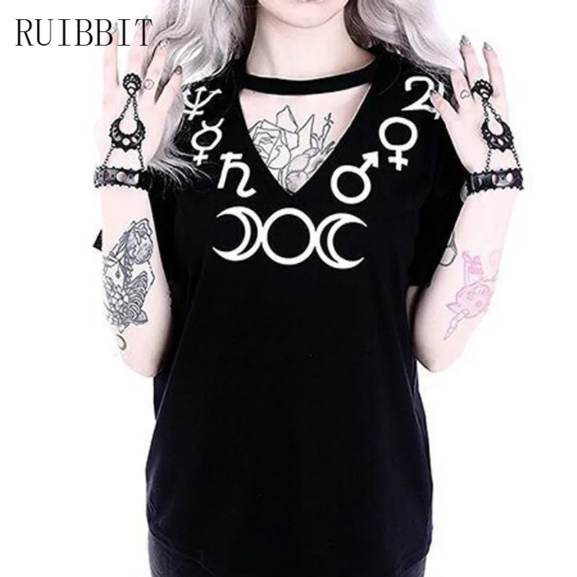 Женская футболка с коротким рукавом Готическая летняя символом Луны в стиле панк