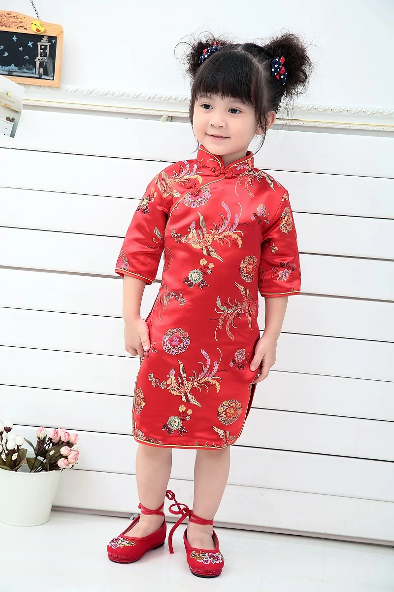 

2020 Qipao Three Quarter Baby Girl Summer Dress kid clothes Floral Cheongsams Gift New Year Traditional Chinese Clothing