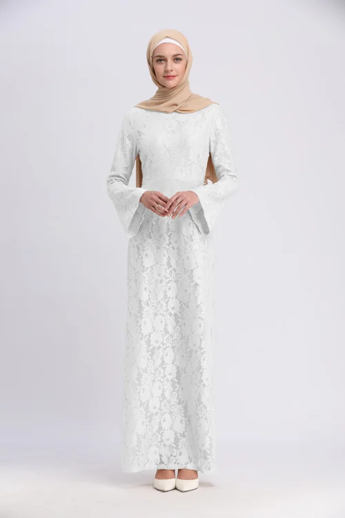 white Элегантное мусульманское кружевное платье-футляр abaya, макси, кардиган с расклешенными рукавами, длинные халаты, туника, мусульманская одежда - Цвет: white