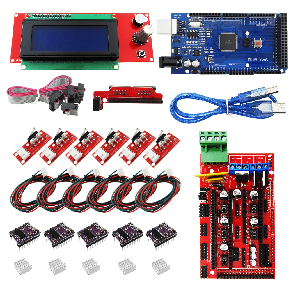 Reprap Ramps 1,4 комплект + Мега 2560 + Heatbed mk2b + 2004 ЖК-контроллер + DRV8825 + Механическая оконечная станция + кабели 3D принтер (art.: 7a60cbce8) - 7a60cbce8