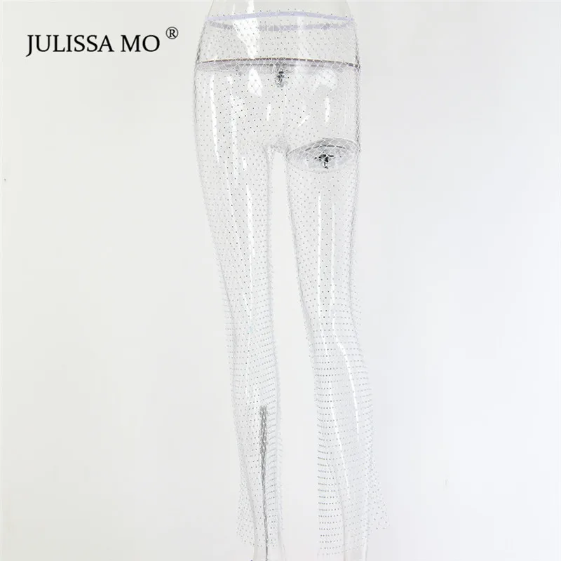 Julissa mo, бриллианты, сетчатые, сексуальные, с разрезом, широкие ноги, брюки для женщин, открытые, прозрачные, брюки,, летние, пляжные, вечерние, туника, брюки