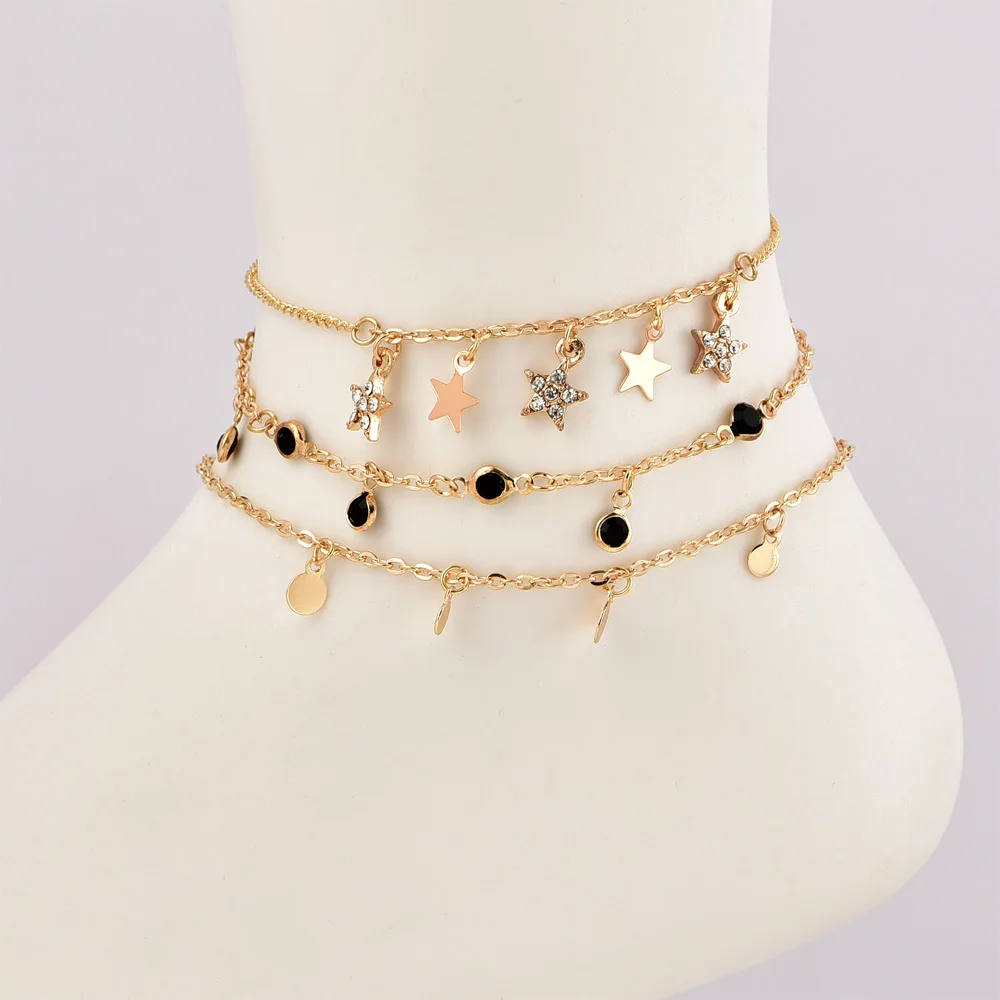 3 Pcs/set Women Fashion Crystal Star Pendant Black Gems Gold Chain Anklet Set Bohemian Charm Beach Accessories Christmas Gift | Украшения и