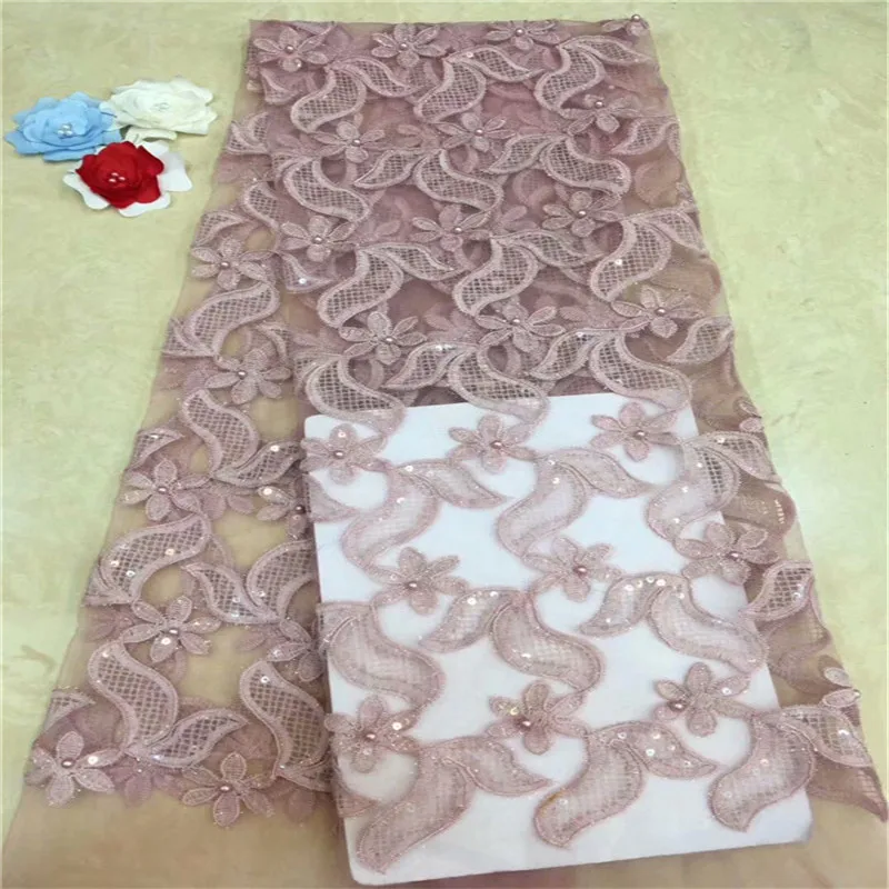 Новейший популярный дизайн бисер блестящая ткань 5 ярдов африканская кружевная