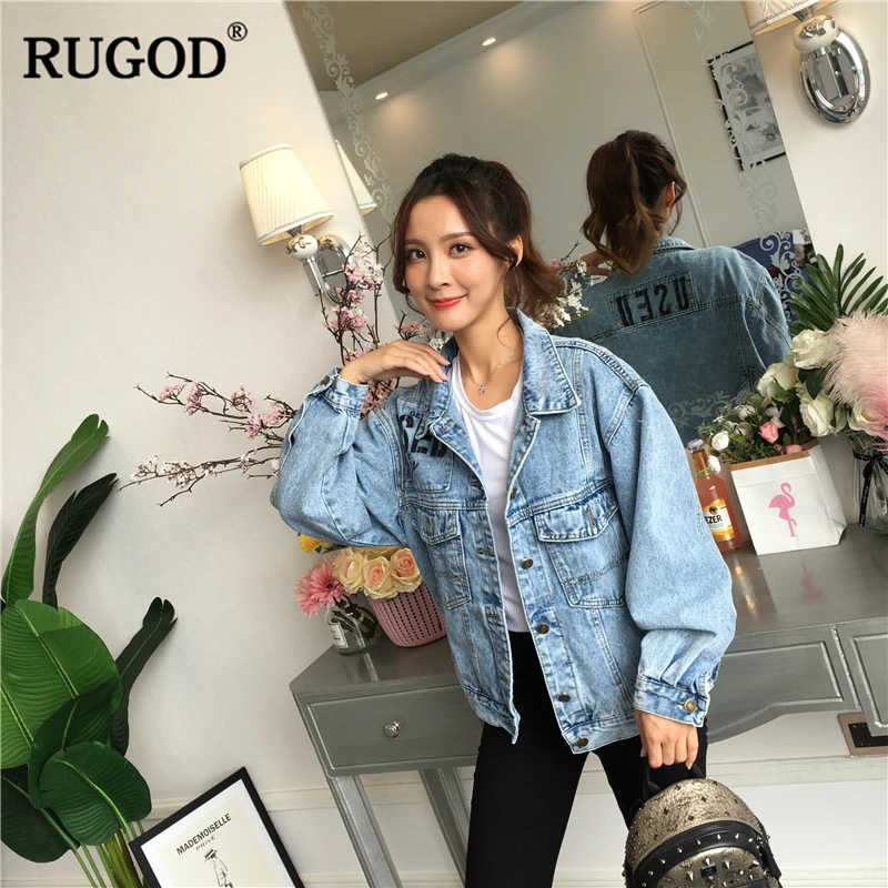 RUGOD Новая женская джинсовая куртка, Женская однотонная Свободная куртка с рукавом летучая мышь, пальто, модная куртка, женский джинсовый жакет для женщин