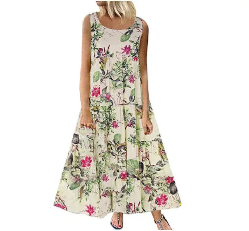 Dresses Women Plus Size Summer 2019 Boho O-Neck Floral Print Long Maxi Dress robe Female Vintage Sleeveless Vestido | Женская одежда