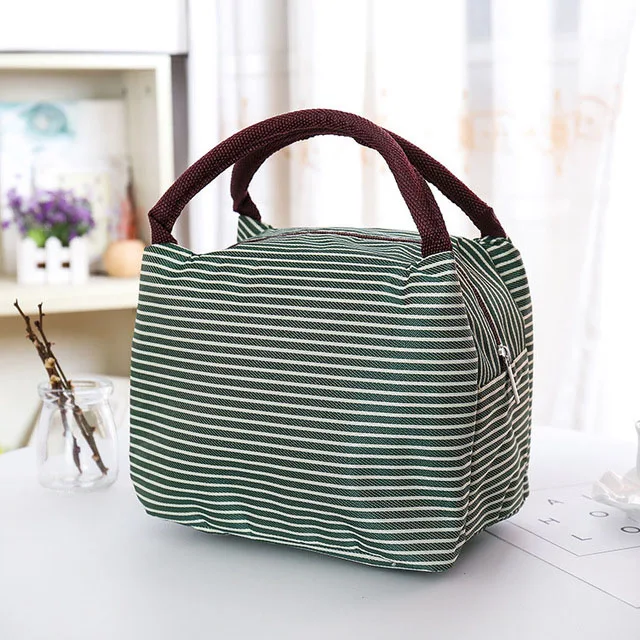 Waterproof Canvas Insulated Lunch Bag Aluminum Foil Stripe Handbags Food Storage Cooler Ice Bag Unisex Portable Lunch Box Tote - Цвет: green