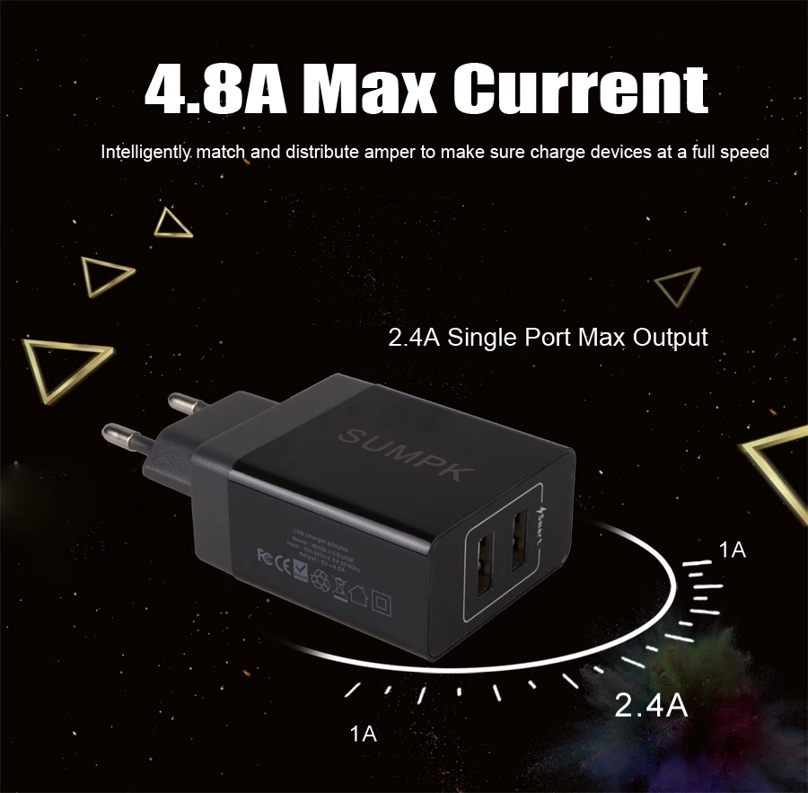 SUMPK usb зарядное устройство адаптер 5V4.8A Быстрый сотовый телефон 2 порта
