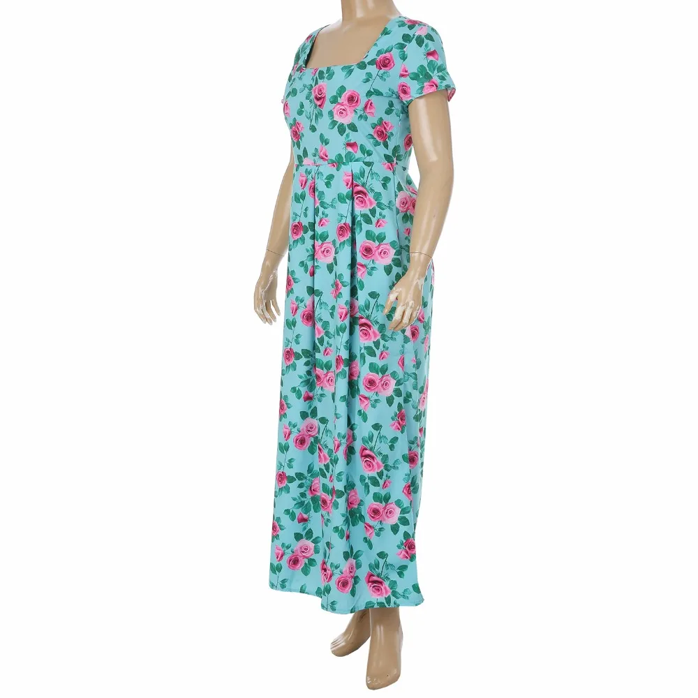 Ybenlow Plus Size Summer Beach Dresses 2017 Floral Printing Turquoise Colors Short Sleeve Pockets Empire Women Long Dress Женская