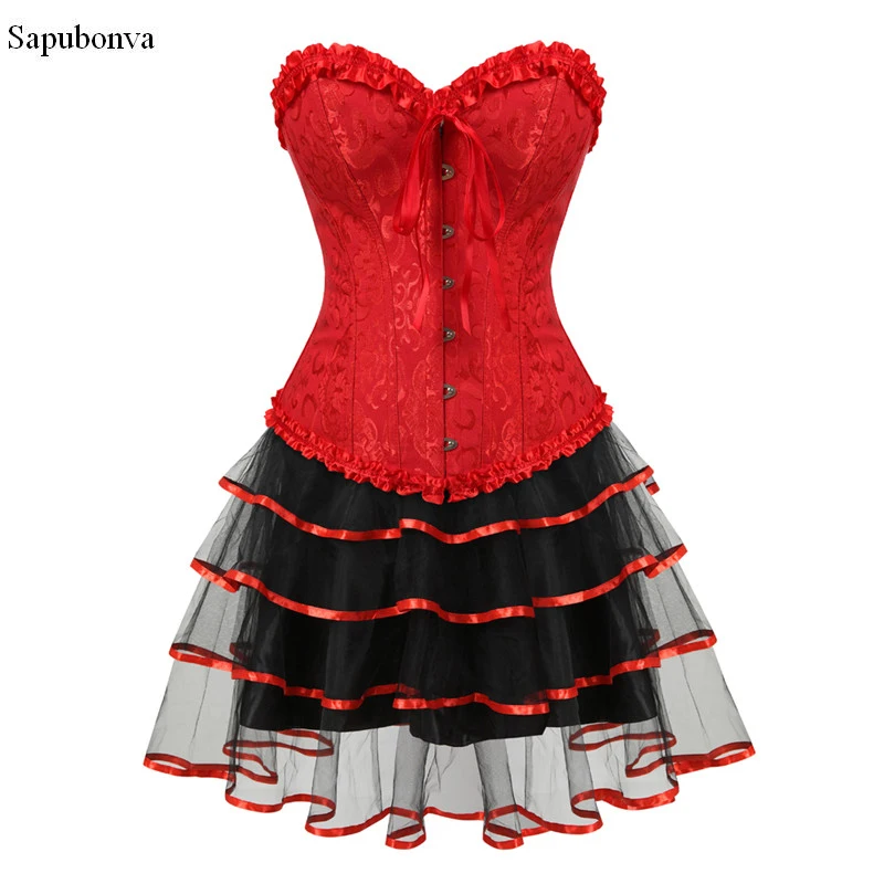 

Sapubonva corsets dress with skirt blue victorian exotic halloween costumes corsets bustiers for women brocade sexy plus size