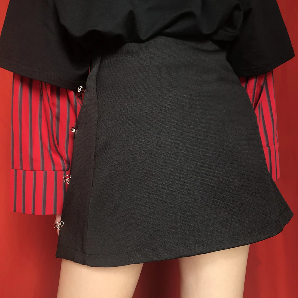 Flectit Punk Rock Style Safety Pin A-Line Mini Skirt with Side Split High Waisted Collins Skirt Women Harajuku Street Wear