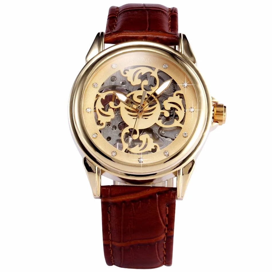 SEWOR Роскошные брендовые Золотые механические часы для мужчин коричневый кожаный