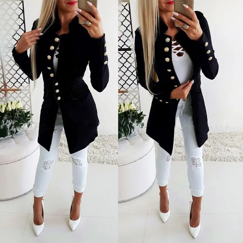 

Women's Button Open Front Suit Military Blazer Ladies Office Work Jacket Coat