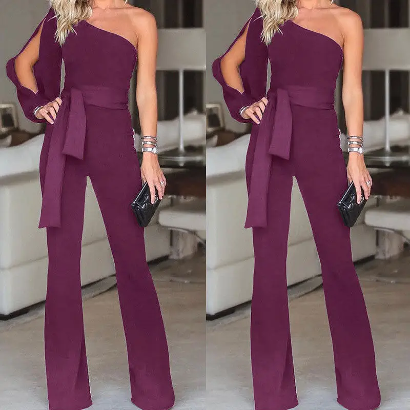 Purple Laipelar, женские комбинезоны, модные женские комбинезоны, вечерние, Клубная одежда, комбинезон с широкими штанинами, на одно плечо, длинные штаны - Цвет: Purple