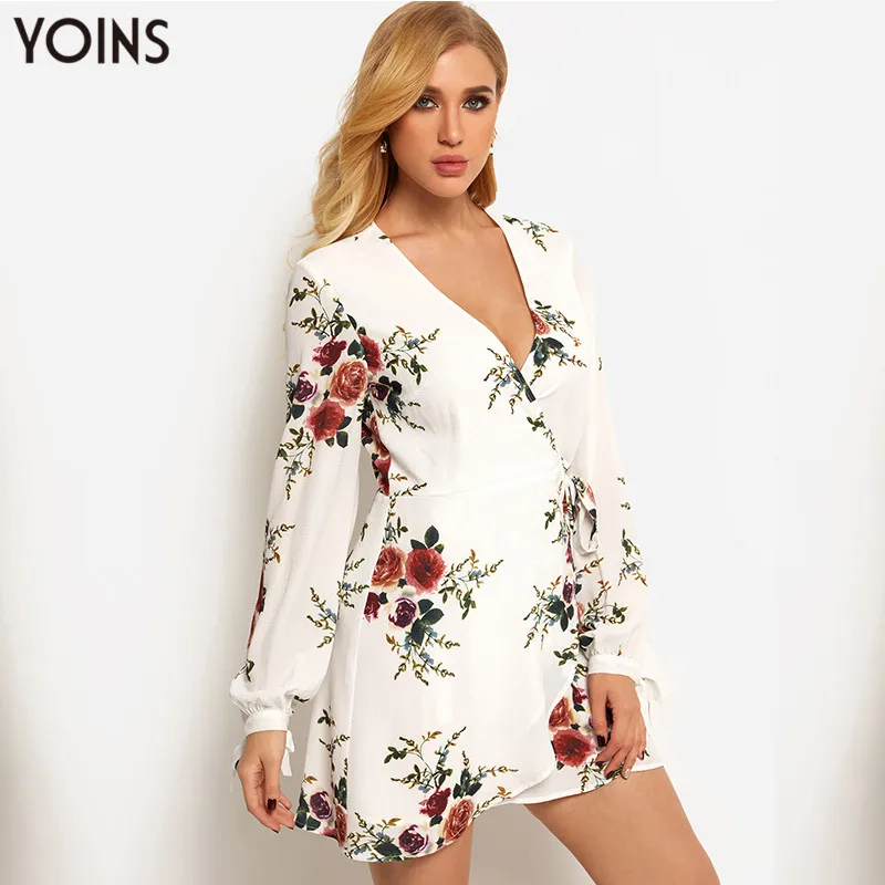 YOINS 2019 Летнее осеннее женское платье Винтажное Белое цветочное с v-образным