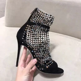 black 6.5cm Новые пикантные сетчатые женские босоножки на тонком высоком каблуке летние сандалии-гладиаторы с открытым носком и пряжкой на лодыжке цельный Кристал вечерние туфли - Цвет: black 6.5cm