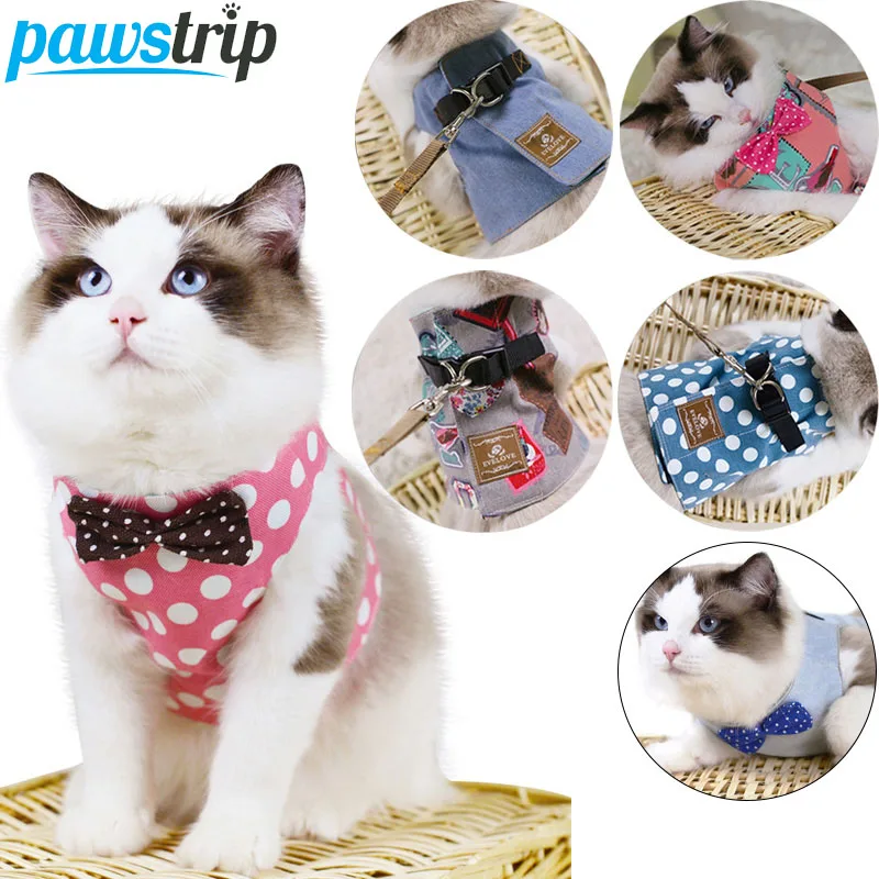 

pawstrip Cute Cat Harness And Leash Set Safety Walking Dog Harness Vest Bow Cat Collar Harness 130cm Long Cat/Dog Leash Pet Lead