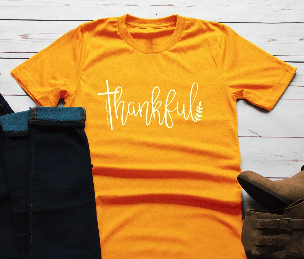THANKFUL simple style thanksgiving day gift women fashion Christian slogan yellow aesthetic street cotton casual tee quote tops | Женская