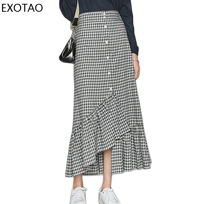 EXOTAO Button Front Асимметричная рюшами Длинные клетчатая юбка для Для женщин сезон: