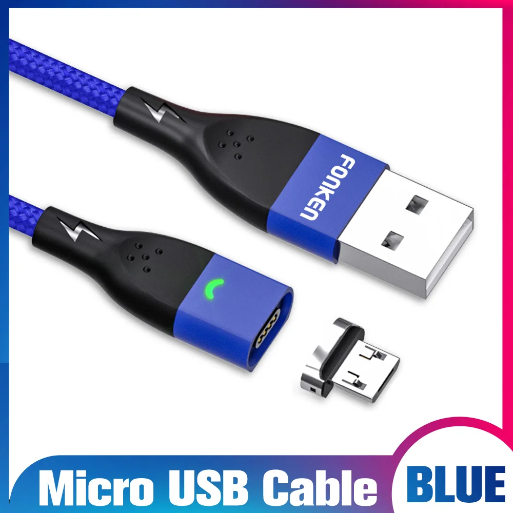 Blue micro cable FONKEN Micro USB Магнитный кабель быстрое зарядное устройство магнит Тип C провод для быстрого заряда 1 м 2 м Android мобильный телефон планшет светодиодный шнур данных - Цвет: Blue micro cable