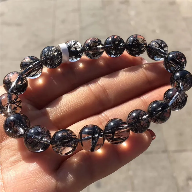 10 мм натуральный черный волос Rutilated Кварцевый браслет кристалл для женщин и