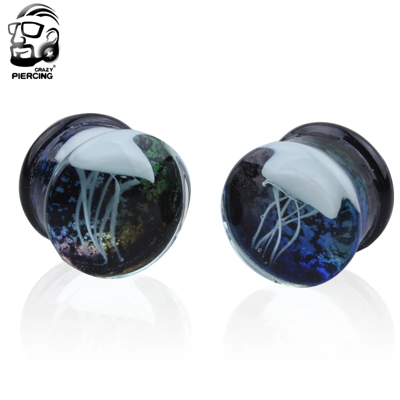 Пара стеклянных двойных расклешенных белых медуз затычки для ушей 8 мм 16