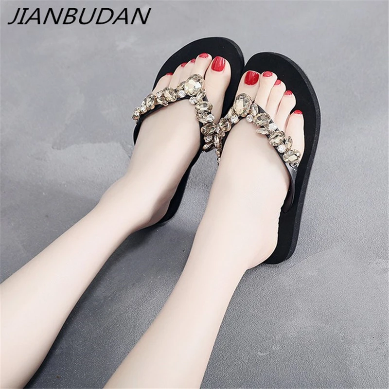 

JIANBUDAN/ Women's casual flat beach shoes Rhinestone decoration Fashion flip flops Summer flat non-slip slippers Size 5-7.5