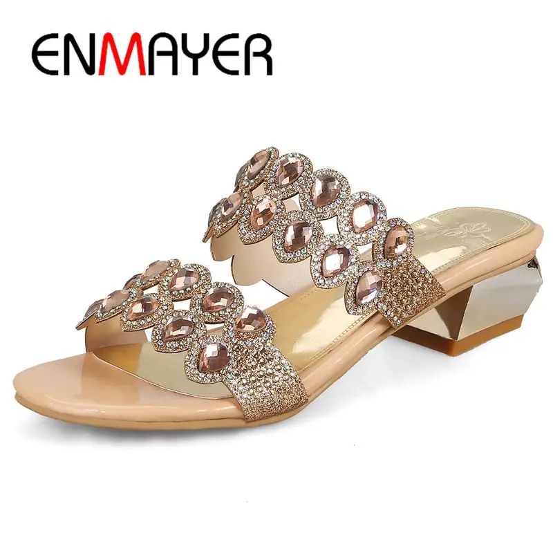 

ENMAYER Synthetic Solid Womens Shoes Summer Fashion Mid High Crystal Slippers Women Outside Size 34-43 LY1470