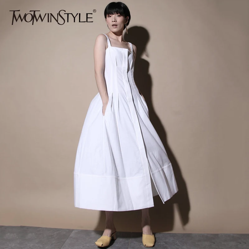 TWOTWINSTYLE платье на подтяжках Женская Весенняя Туника Высокая талия с рюшами карман