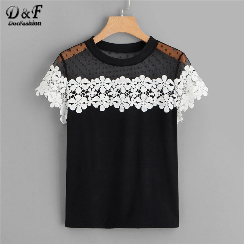 Dotfashion черная сетчатая открытая вязаная футболка Летняя одежда для женщин элегантные женские топы с коротким рукавом модная футболка
