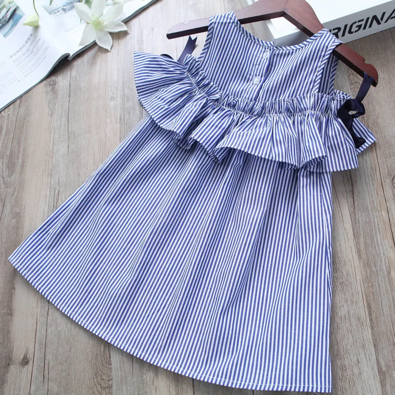 Летние платья в полоску для маленьких девочек платье с открытыми плечами детское