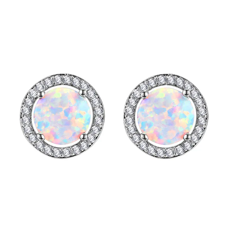 Silver White Opal Милые круглые Разноцветные серьги-гвоздики с кристаллами для девушек, для женщин, 925 серебро, розовое золото, заполненные белым, синим, зеленым огненным опалом, серьги CZ - Окраска металла: Silver White Opal