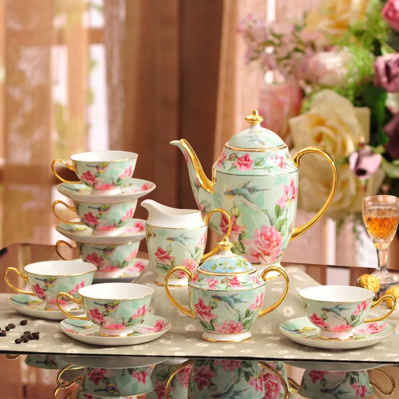 15 шт. костяного фарфора птица цветок чашка с кофе блюдце наборы Европейский