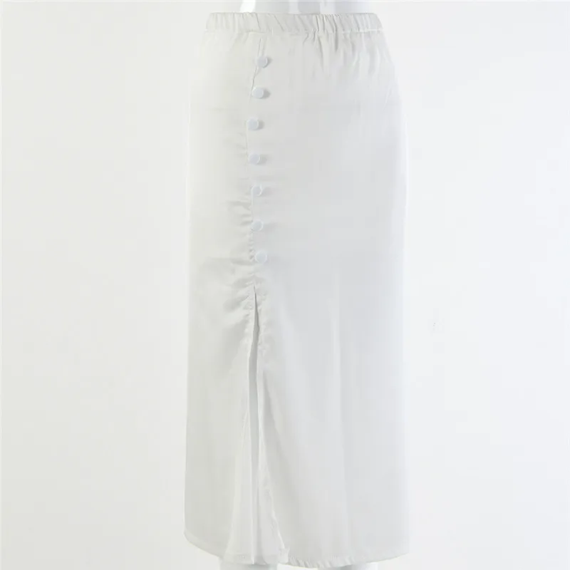 Ahagaga 2019 Summer Skirt Women Elastic Waist Side Split Slim Pencil Button Sexy Midi Solid Beach Casual Ladies Skirts | Женская одежда