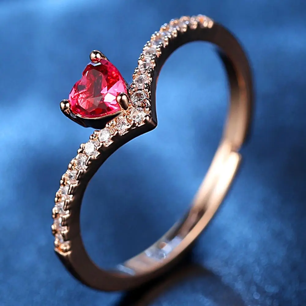 

HPXmas Rose Gold Color Garnet Heart Crystals Rings For Women Wedding Jewelry