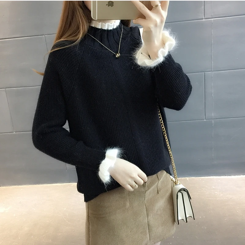 Women Sweaters Pullovers 2019 Autumn Winter Ruffles Sleeve Turtleneck Tops Knitwear Pull Femme Casual Woman Sweater Pullover | Женская