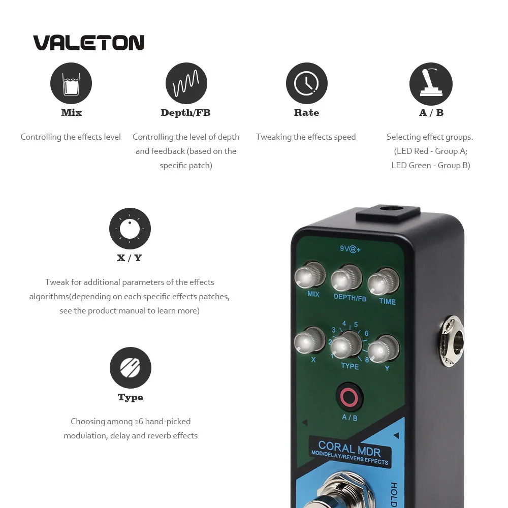 Valeton многофункциональная педаль для гитары Coral MDR of Reverb задержка хора Phaser Vibrato Tremolo