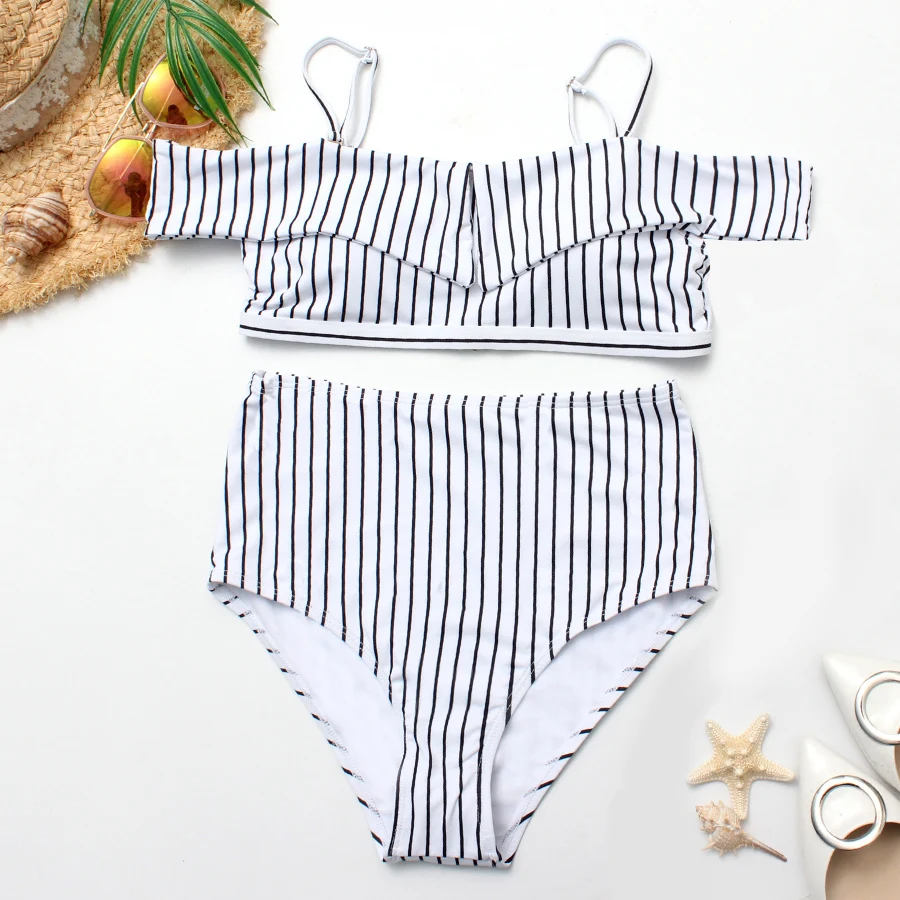 Высокая талия бикини Одноцветный полосатый с открытыми плечами сексуальный