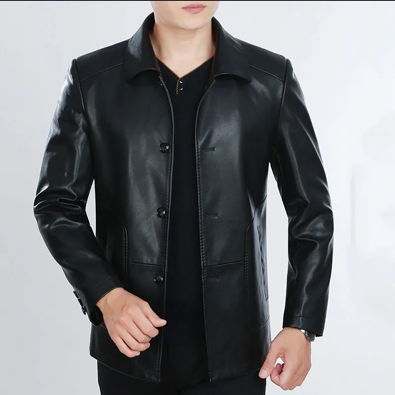 Spring Autumn Men Leather Jacket New Mens Business Casual Sheepskin Coats Plus Velvet Thick Loose Warm Male Outerwear N599
