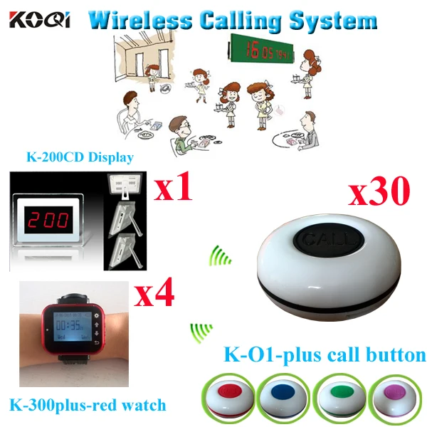 

Wireless Waiter Call Button Systems CE Certification Restaurant Wireless Calling Pager( 1 display with 4 watch and 30 buzzer)