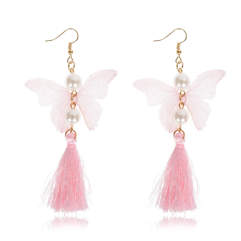 Богемный Стиль бабочка Серьги золото-Цвет длинная цепь с имитацией жемчуга