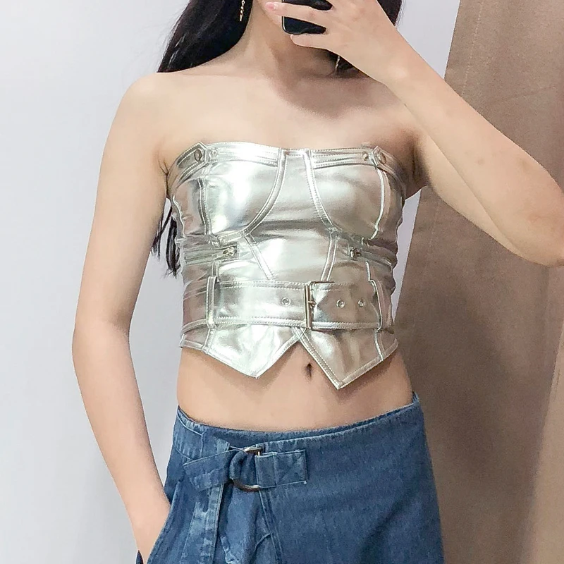 Summer top 2019 fashion sexy crop silver womens clothing off shoulder pu tank | Женская одежда